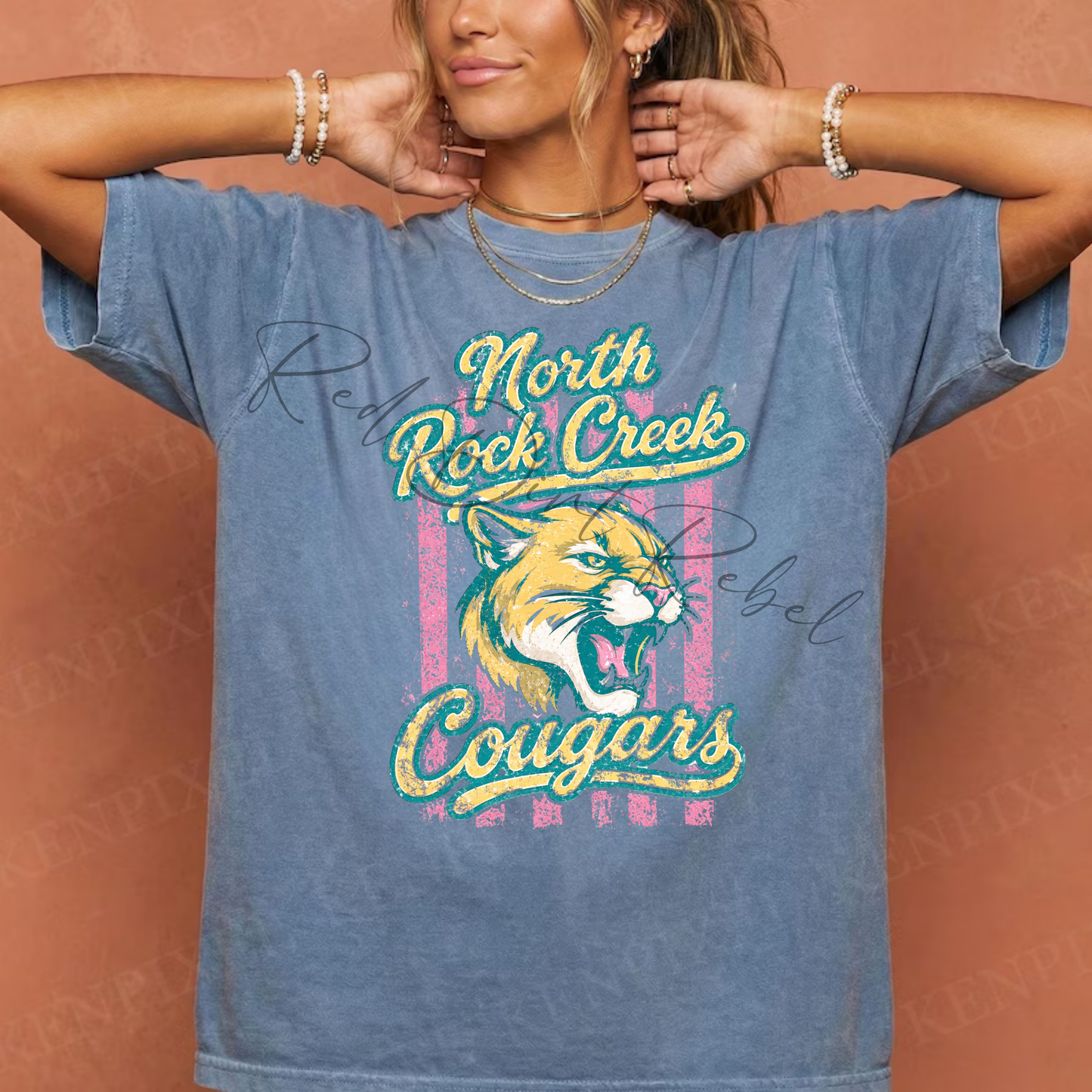 Preppy Pink Stripe NRC Cougars, Yellow Words