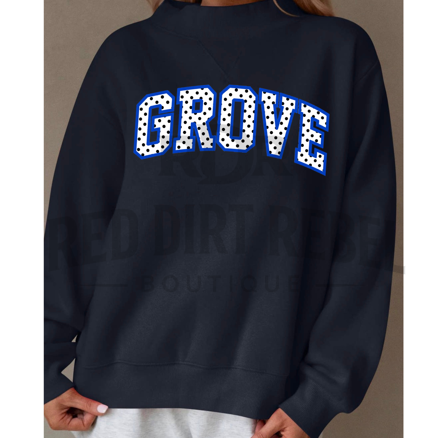 GROVE-White with Black Polka Dots Blue outline MOCK NECK SWEATSHIRT
