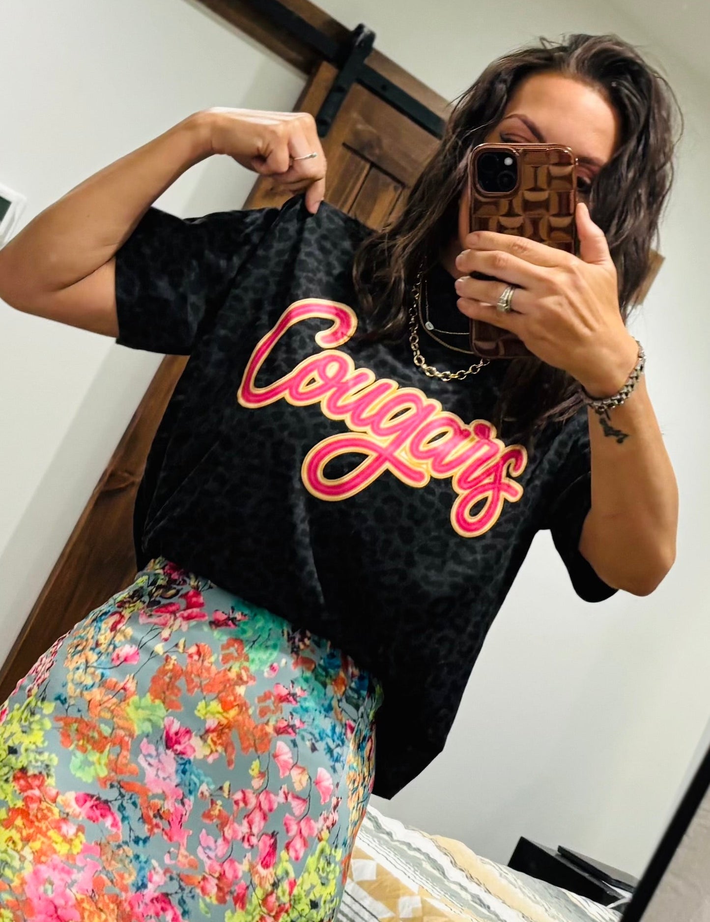 Pink & Orange Cougars on Boxy Crop Black Leopard T