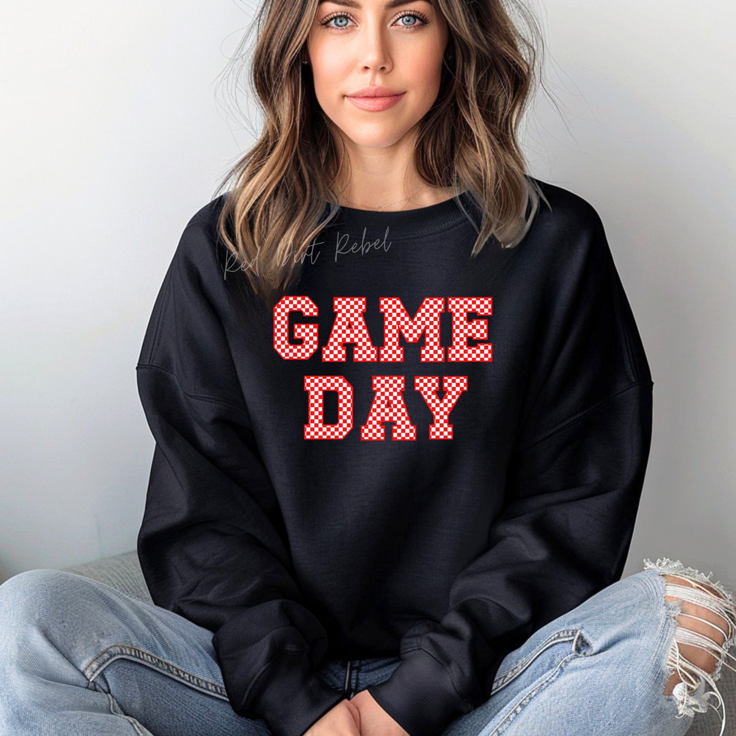 RED AND WHITE CHECKERED on black T-Shirt or Sweatshirt