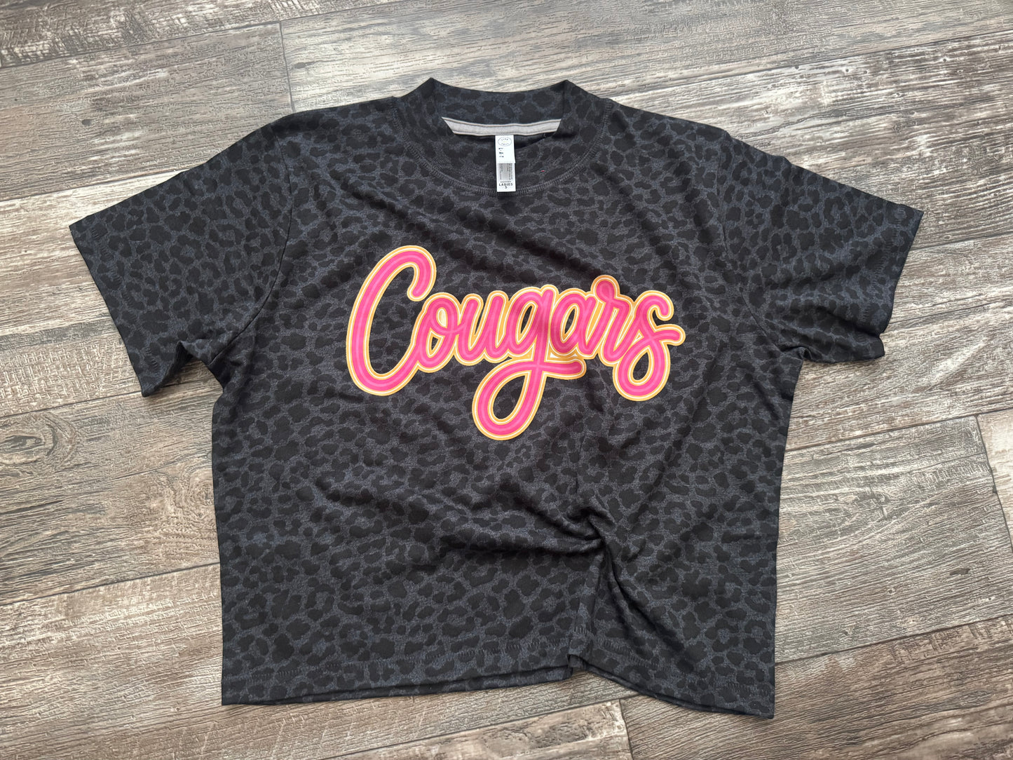 Pink & Orange Cougars on Boxy Crop Black Leopard T