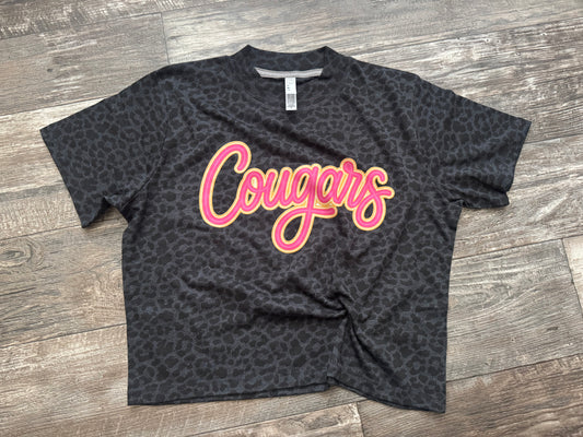 Pink & Orange Cougars on Boxy Crop Black Leopard T