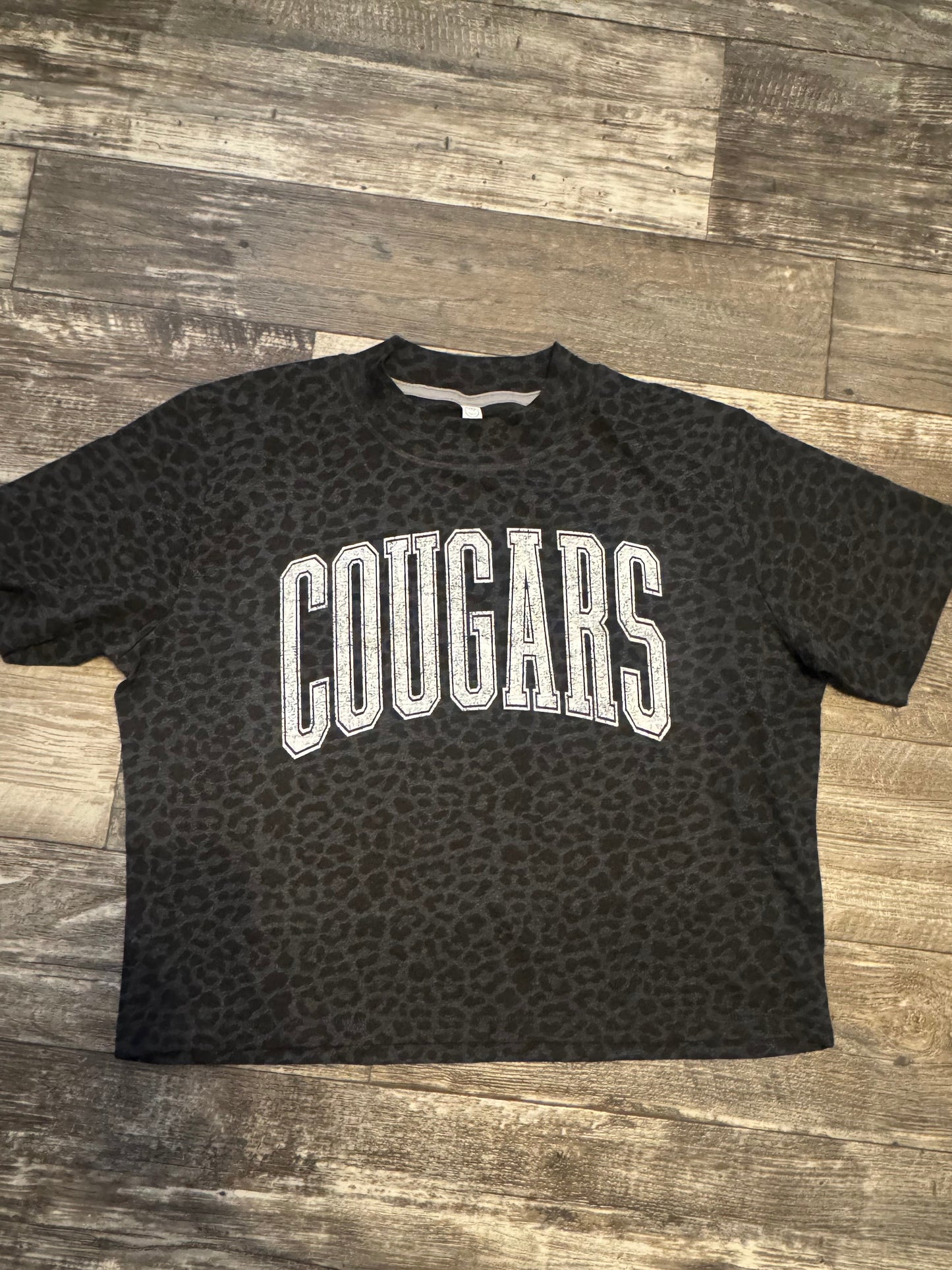 White Distressed Cougars on Boxy Crop Black Leopard T