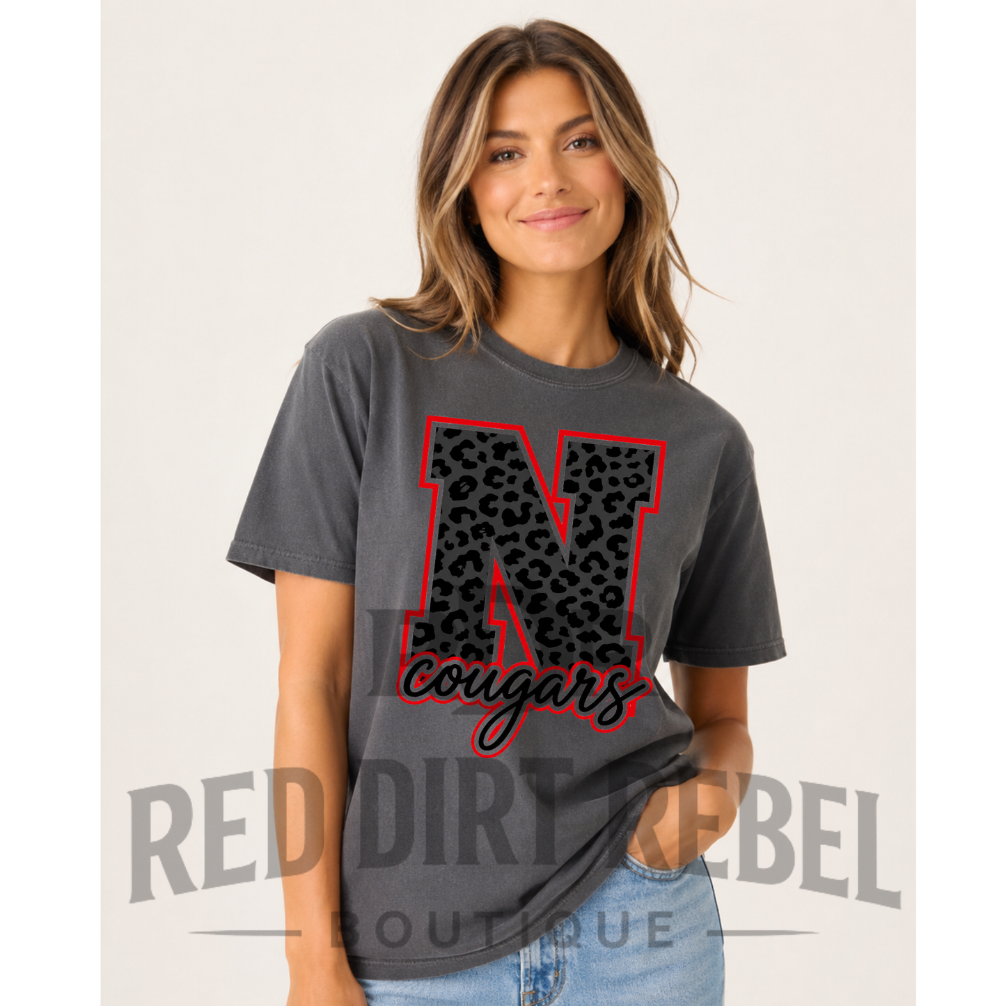 N grey Leopard print  with Cougars under Red or white outline- Tshirts NRC