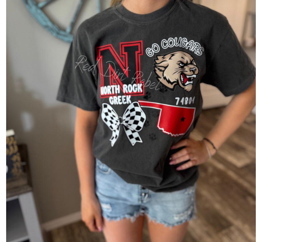 Go Cougars Tshirt with Checkered Bow and Oklahoma- Design on front
