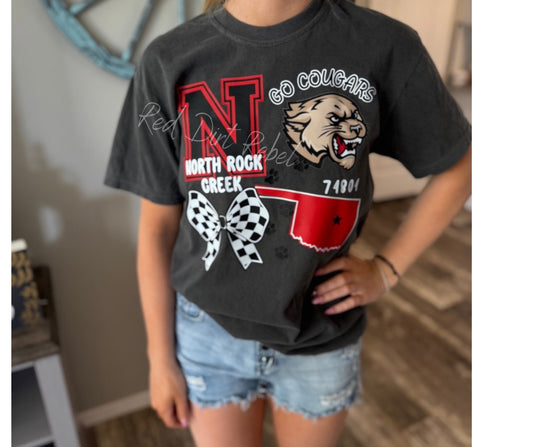 Go Cougars Tshirt with Checkered Bow and Oklahoma- Design on front