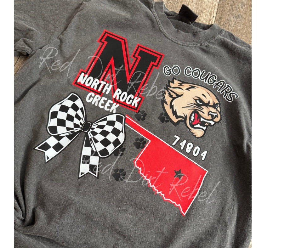 Go Cougars Tshirt with Checkered Bow and Oklahoma- Design on front