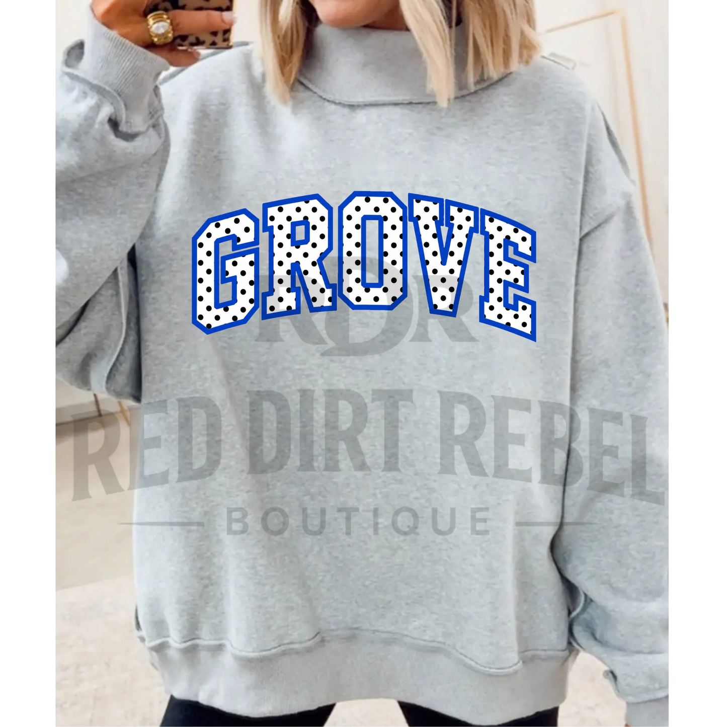 GROVE-White with Black Polka Dots Blue outline MOCK NECK SWEATSHIRT