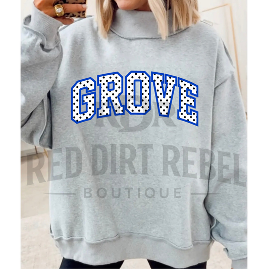 GROVE-White with Black Polka Dots Blue outline MOCK NECK SWEATSHIRT