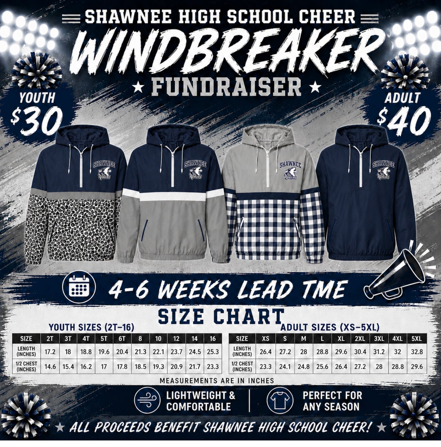 SHAWNEE- Unlined Hooded Windbreaker - Cheer Fundraiser -Adult sizes