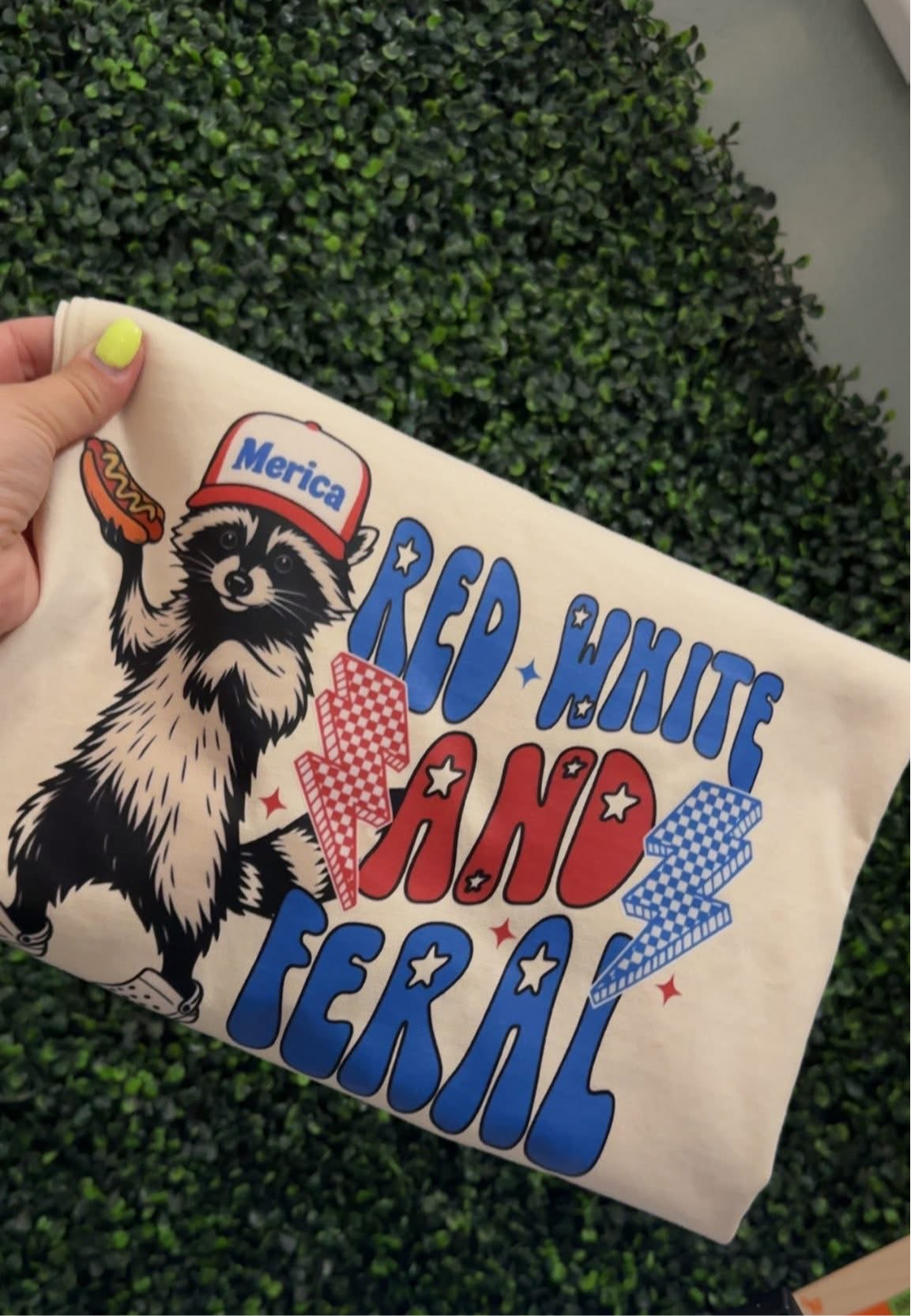 Red White & Feral Tshirt with Racoon